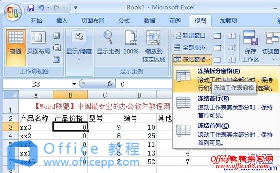 Excel2007冻结窗口，表格中固定窗口