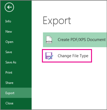“导出”选项卡上的“更改文件类型”