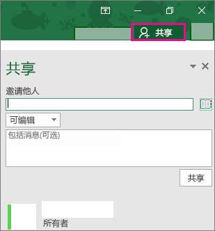 Excel 2016 for Windows 中的“共享”窗格 Excel 2016 for Windows 中的“共享”窗格