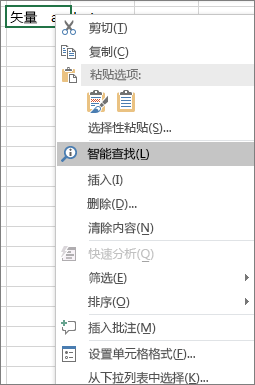 Excel 2016 for Windows 中的快捷菜单上的“智能查找”